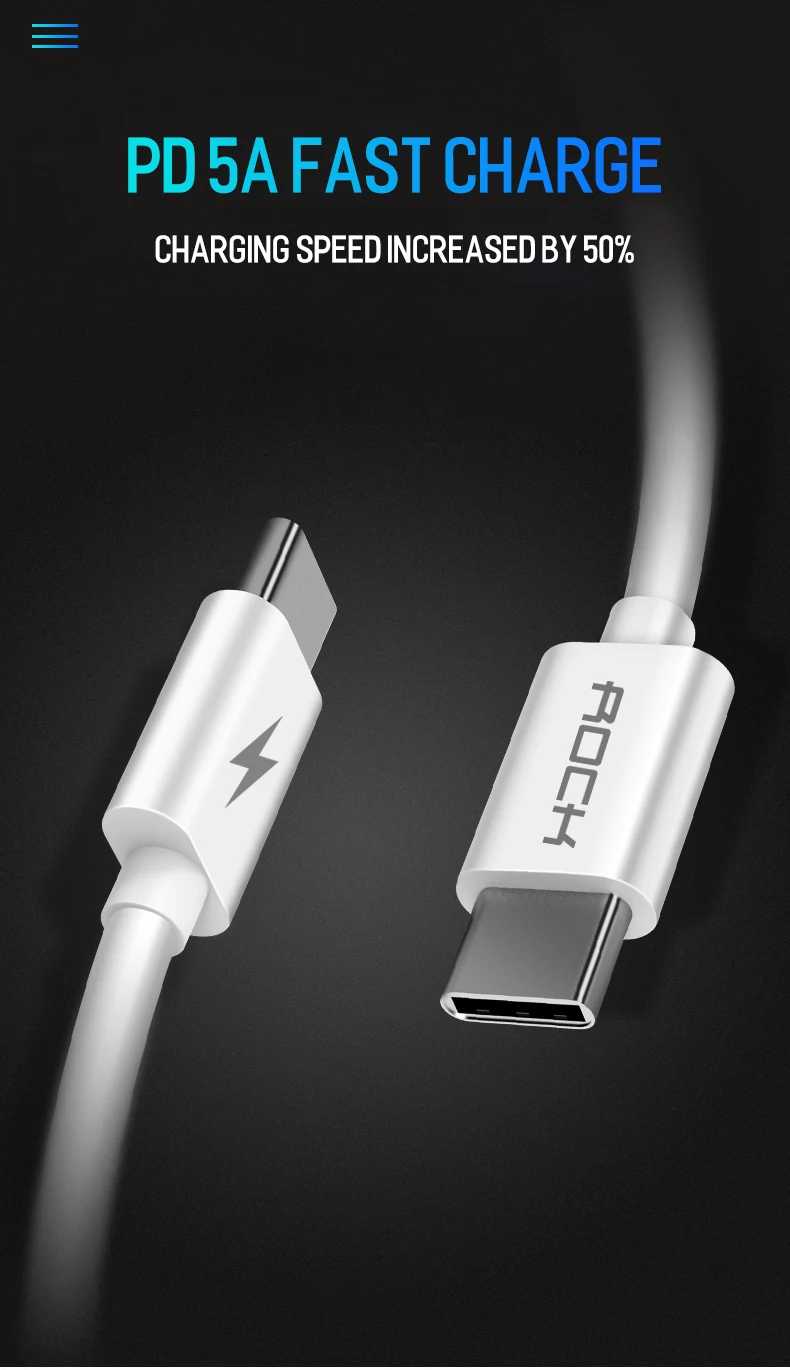 ROCK USB Type C to USB C Cable for Samsung Galaxy S9 Plus Note 9 Support PD 60W QC4.0 3A Quick Charge Cable for USB-C Charger