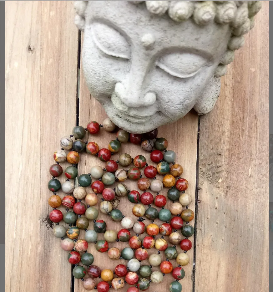 Длинное ожерелье 108 Mala Beads натуральный камень PicassoJasper камни коричневая кисточка