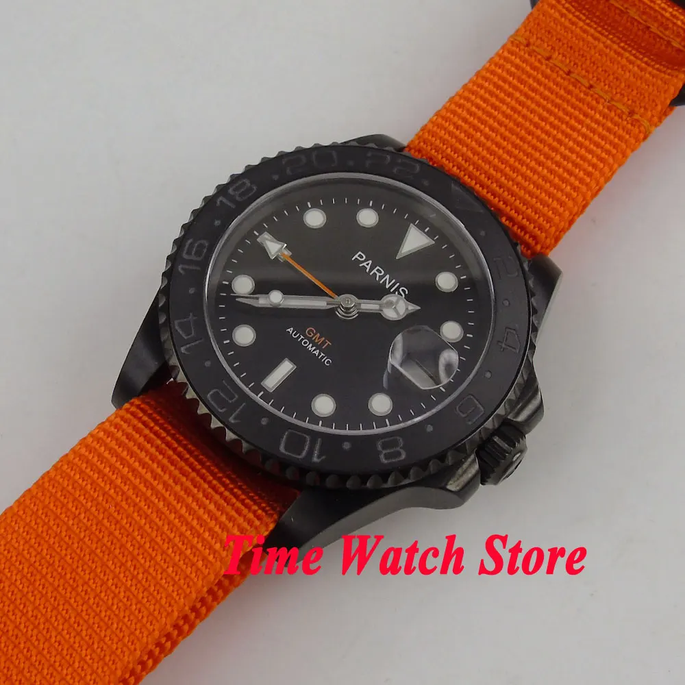 Parnis 40 мм GMT 3804 PVD чехол автоматические мужские часы с сапфировым стеклом черный циферблат светящийся керамический ободок красный нейлоновый ремешок 529