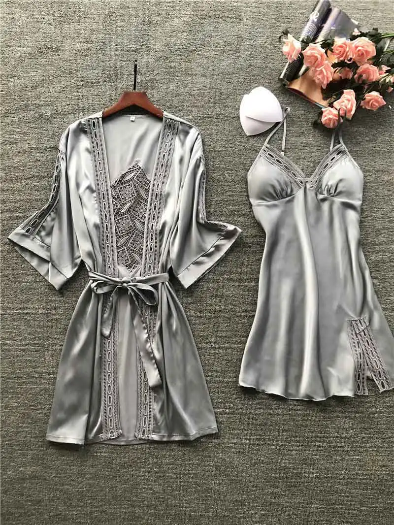 silver gray BZEL, сексуальный кружевной халат, наборы с поясом, 2 шт., Женский Атласный пижамный комплект, ночная рубашка, шелковое летнее ночное белье, халат, женский Пижамный M-XL - Цвет: silver gray