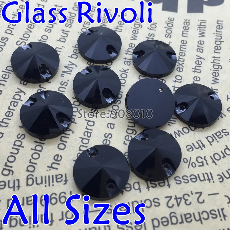 Реактивный черный цвет Rivoli пришить на камень Flatback 2 отверстия 8 10 12 14 16 18 мм круглые