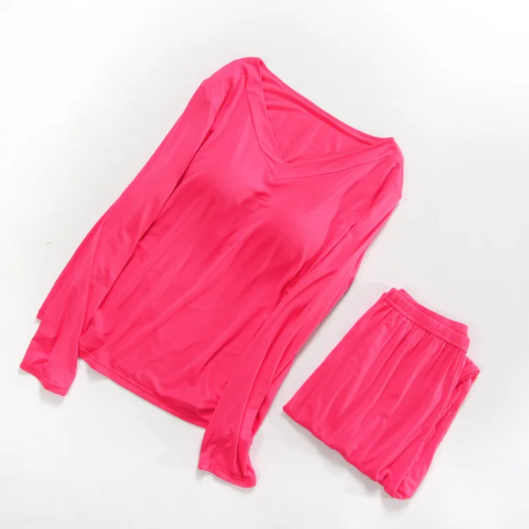 Rose red Простые однотонные бамбуковые Модальные Женские пижамные комплекты уютная осенняя одежда для сна длинная Пижама с рукавами для женщин - Цвет: Rose red