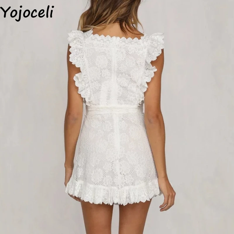 Женское короткое Кружевное платье Yojoceli белое пляжное с поясом и цветочным
