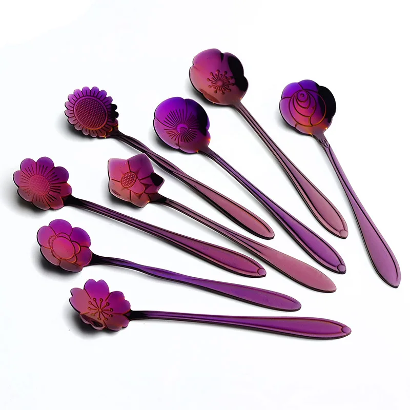 Purple 8 шт./компл. цветок Форма Нержавеющая сталь чайная, кофейная ложка Чай ложки сахара мороженого столовые приборы; Цвета: золотистый, Серебристый; обувь с ремешками посуда Кухня набор инструментов - Цвет: Purple