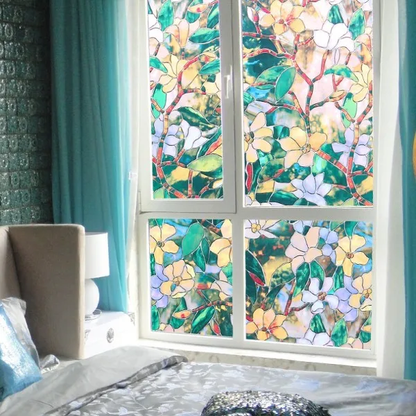Goede Groothandel Roll Statische Cling Stained Glass Window Film Leaf Grape Magnolia Orchidee Bloem Geplaveide Privacy Geweven 90Cm X 25M