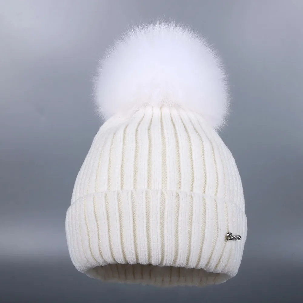 women new Chenille beanies real fox pompons winter hats soft yarn high quality warmer knitted striped woman girl skullies gorros |