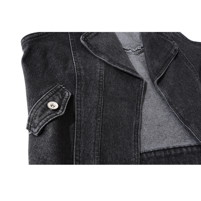 

Plus Size Short Women Jeans Vest Black Lapel Denim Outerwear Vintage Slim Waistcoat Korean Casual Sleeveless Jacket Coat Female
