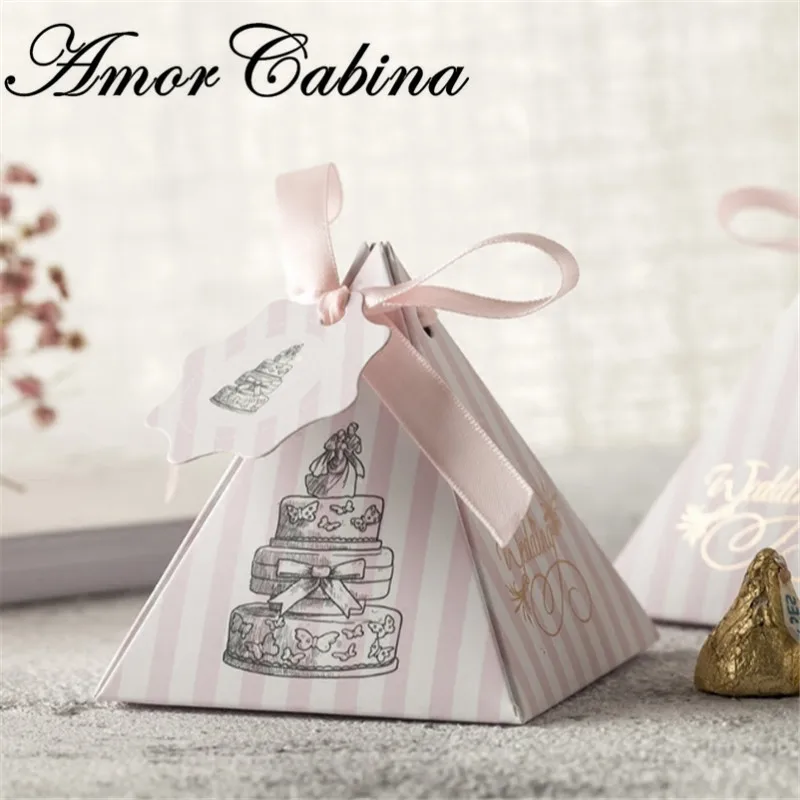 

50pcs Warm pink striped carton cake pyramid wedding decoration like candy box + card + ribbon party gift box chocolate