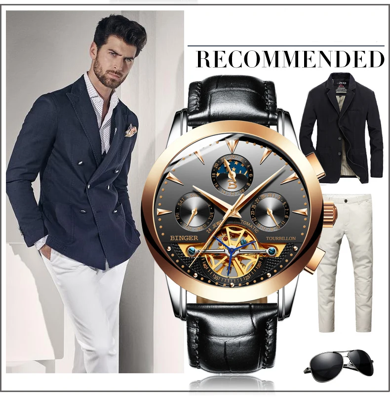Tourbillon Men Top Luxury Brand Watches Automatic Mechanical Watch Stainless Steel Waterproof BINGER relogio masculino B-1188G