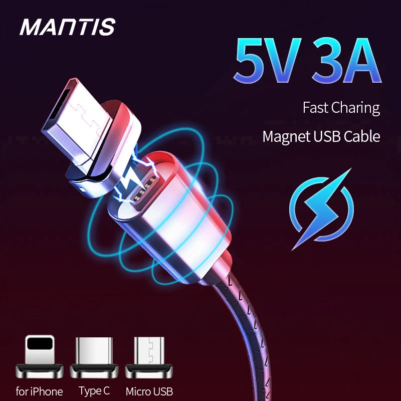 Магнитный кабель Micro USB MANTIS 3 А для быстрой зарядки и передачи данных iPhone X XS Samsung