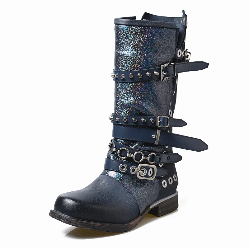 Navy Blue(leather in Prova Perfetto/потрясающие качественные женские зимние ботинки из коровьей кожи на среднем каблуке, женские ботинки до середины икры из блестящей кожи с заклепками и ремешком с пряжкой - Цвет: Navy Blue(leather in