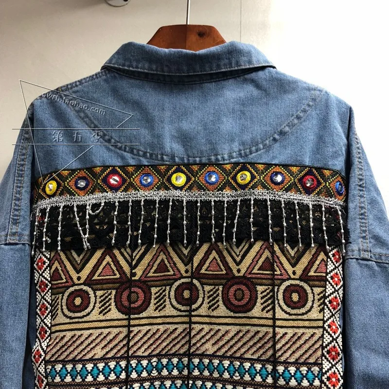 Cakucool джинсовая куртка Женская Осенняя винтажная Этническая аппликация Embroid верхняя одежда кисточки вышивка бисером свободное джинсовое пальто куртка для женщин