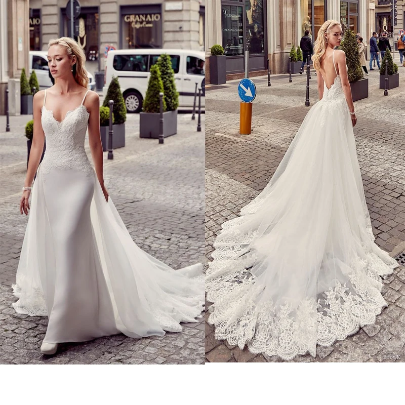 

LORIE Mermaid Wedding Dress Sleeves 2019 Spaghetti Straps Vintage Lace Sweetheart Neck Bridal Gown Backless Wedding Gowns