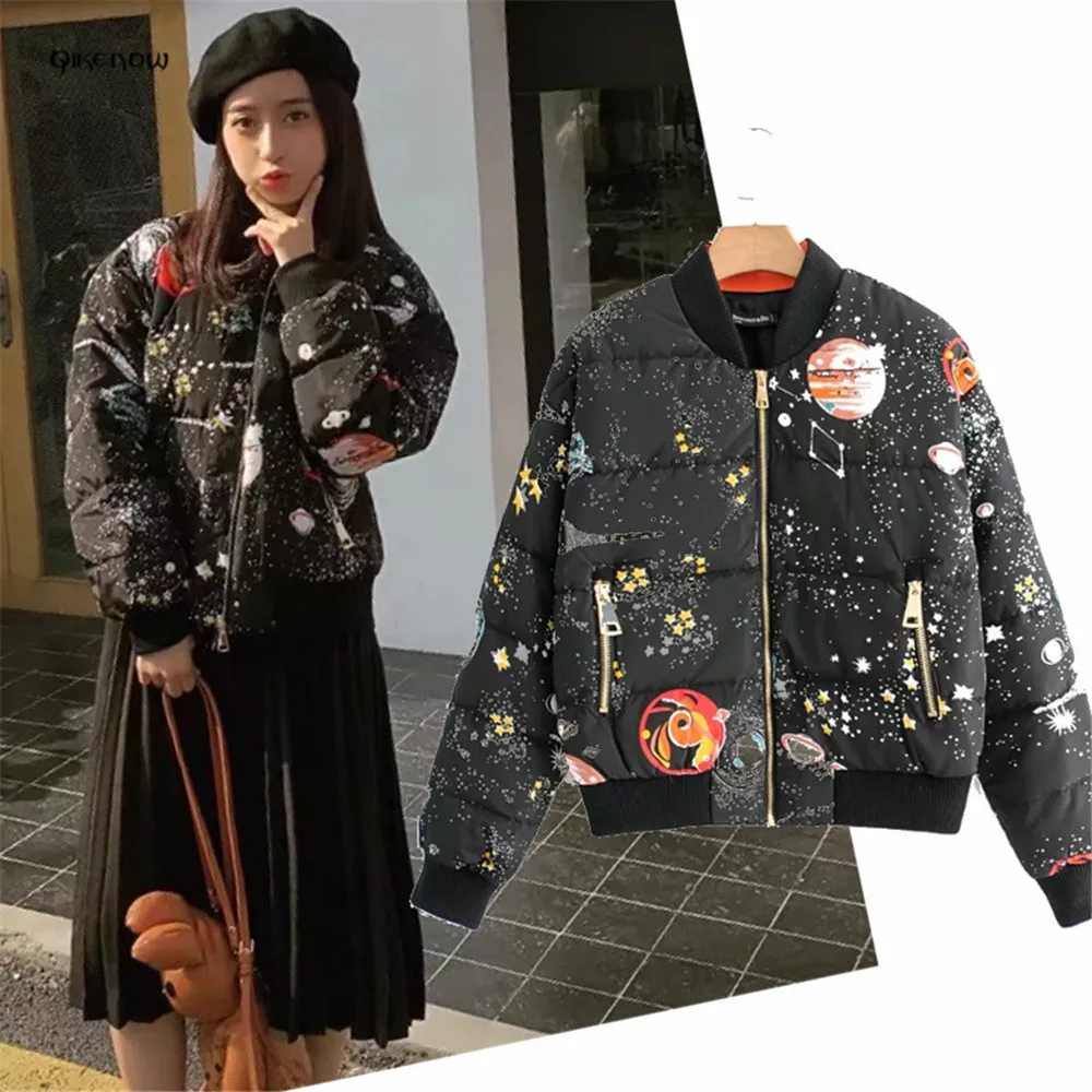 Парки Mujer 2018 Для женщин s зимние куртки MF-026 ЗВЕЗДНАЯ Печать Casaco Feminino Короткие Chaqueta