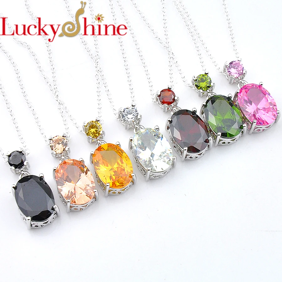 

Luckyshine NEW Silver For Women Necklace Pendants Jewelry Oval Sparkling Multi-color Zircon Gems pendant For Holiday gift