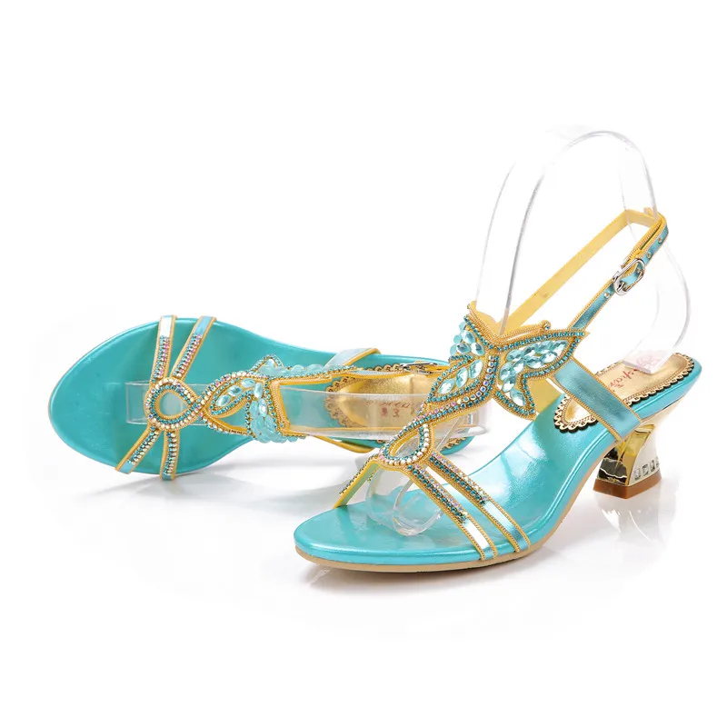 

2019 Summer New Blue Butterfly Diamonds Sandals Open Toe Thick Heel Roman Style Women's Shoes 6CM