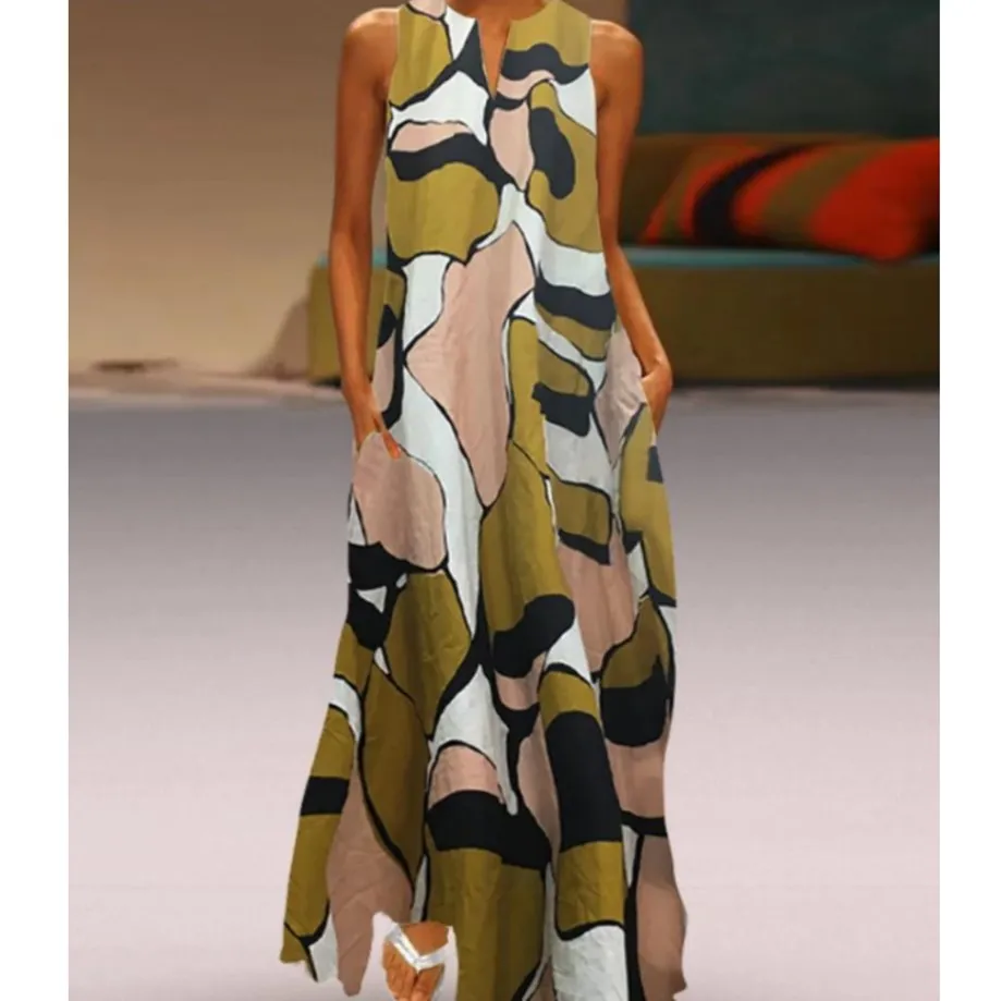 Женское платье без рукавов винтажное длинное с v образным вырезом повседневное