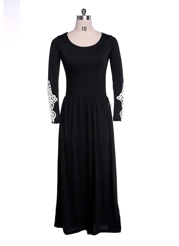 Fashion Summer Ladies Casual Round Neck Long-Sleeved Dresses Women Black Long Dress | Женская одежда