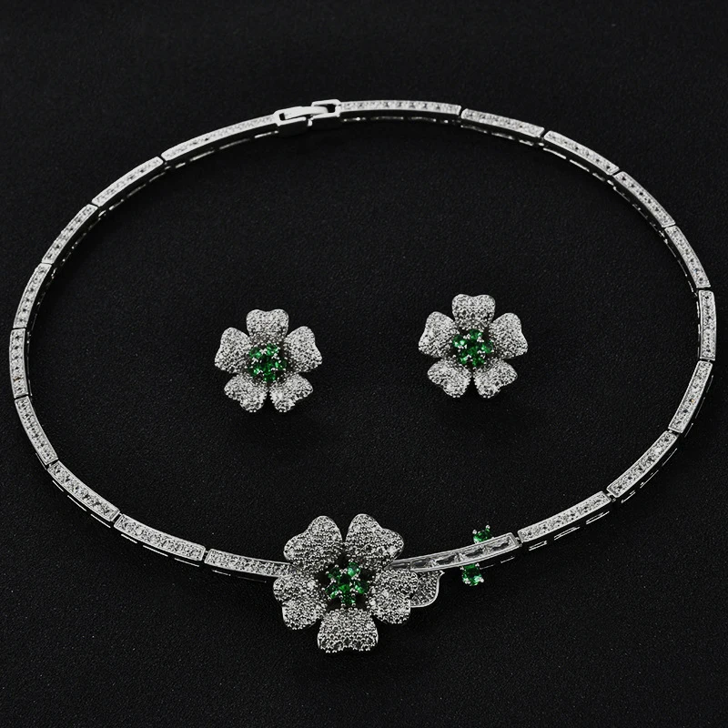 

DOKOL New Arrival Flower Shape Jewelry Sets Micro Paved Tiny Cubic Zirconia Necklace and Earrings Set for Women DKS0004