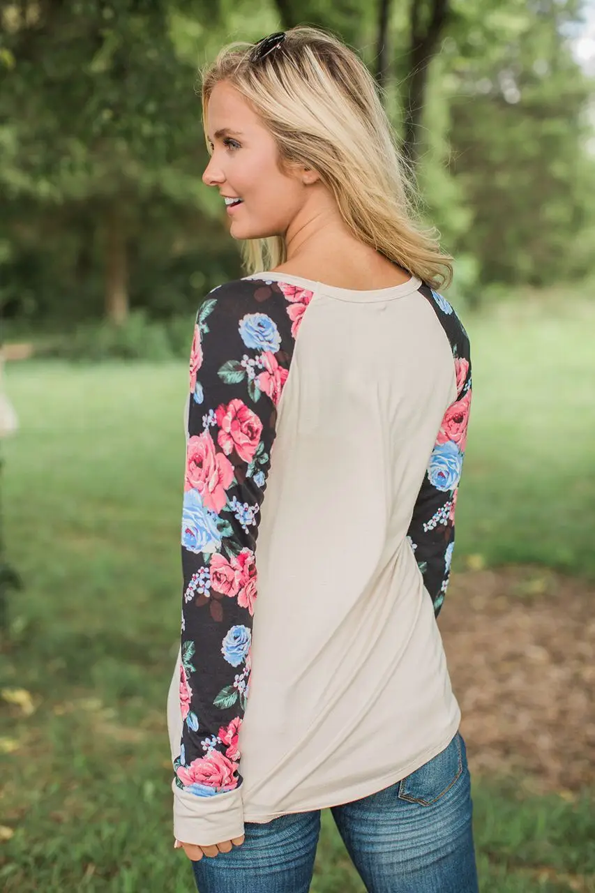 Цветочный рукав реглан изогнутый подол Женская футболка рубашки для мальчиков