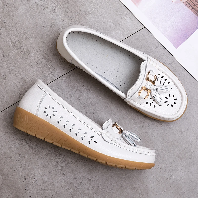 AURONET Soft Leather Hollow Women Ballet Flats Shoes Slip On Loafers Women'S Moccasins Boat Shoes Large Size Spor Ayakkabi Bayan
