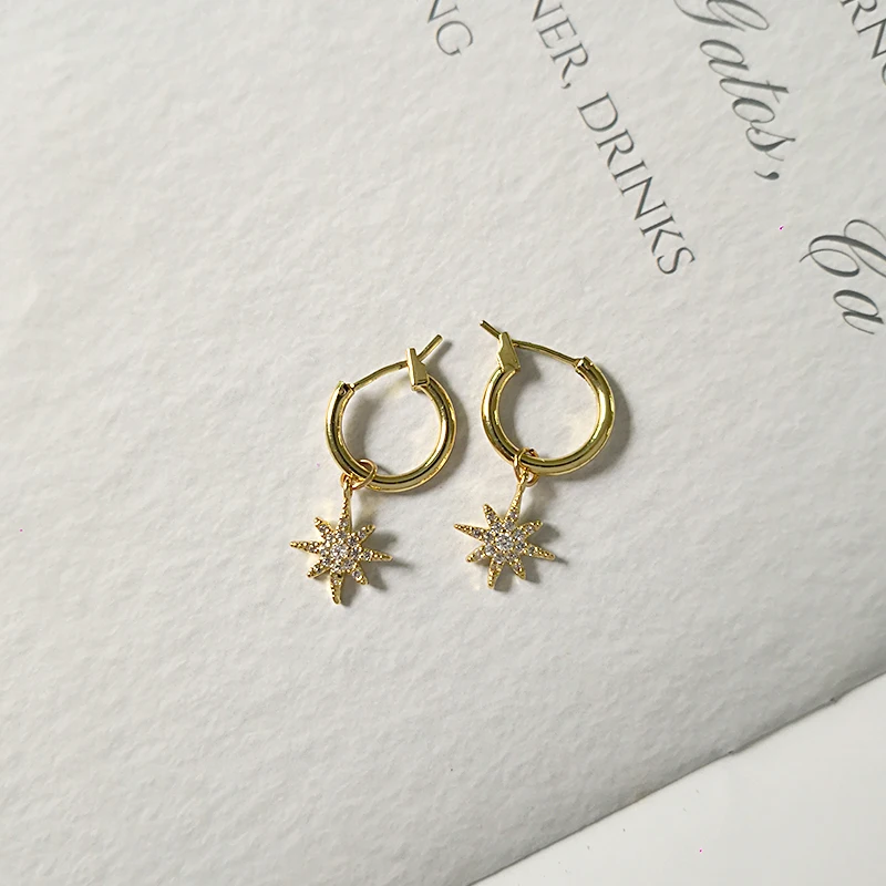 Peri'sBox Eight-Pointed Star Dainty CZ Huggie Hoop Earrings for Women Cubic Zirconia Cross Pendant Earrings Charm Hoops