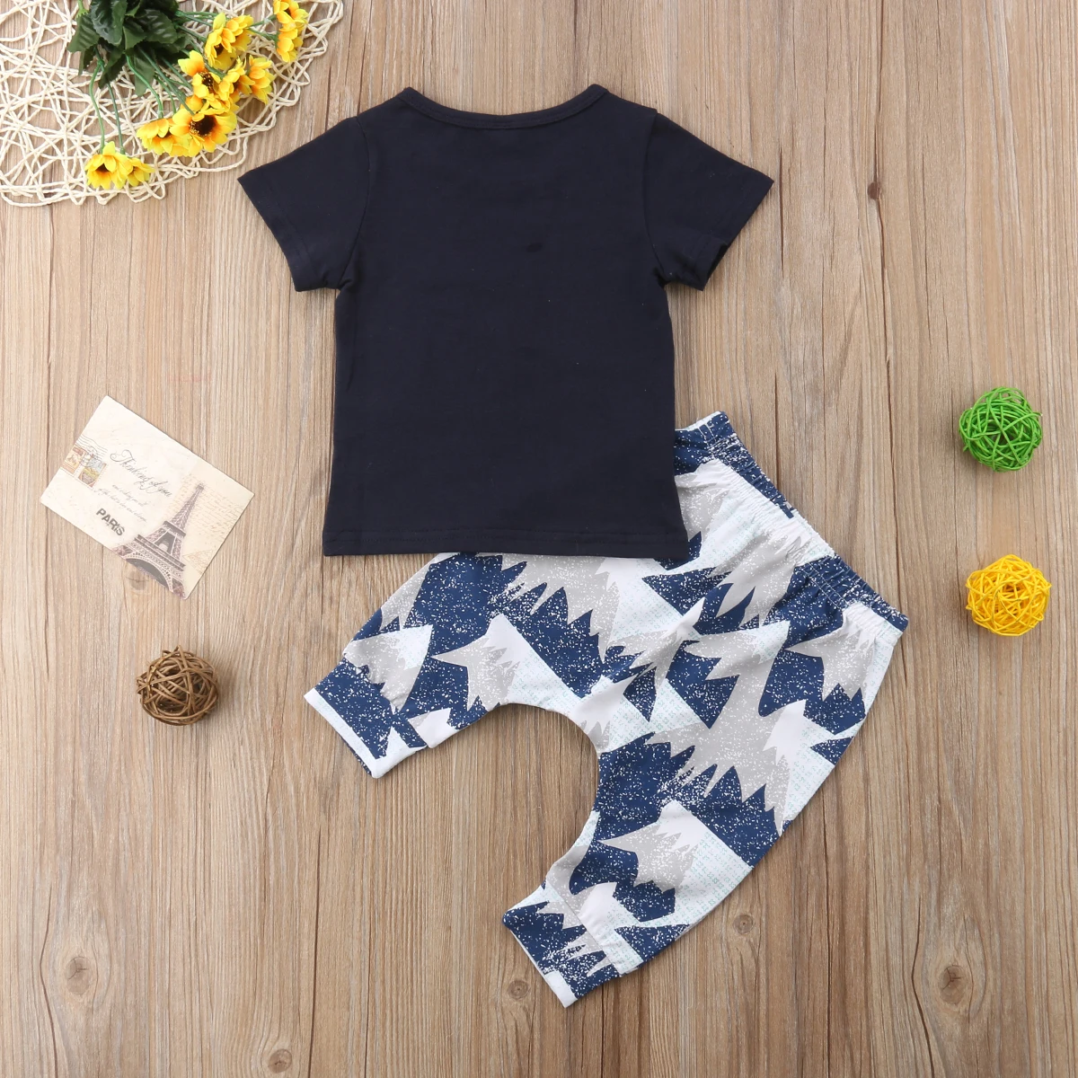 2018 Newly 0-24M Summer Lovely Causal Clothes Sets 2PCS Short Sleeve Deer Print Black T-Shirts Tops+Long Pants | Детская одежда и