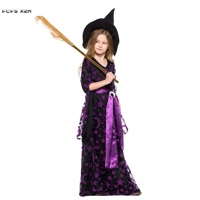 

Purple Girls Halloween Sorceress Costumes Kids Magician Witch Gown Cosplays Children's day Carnival Purim Masquerade party dress