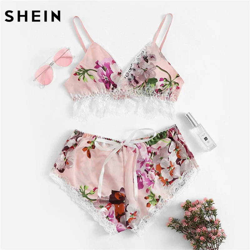 SHEIN, кружевные цветочные шорты с цветочной отделкой, PJ, набор, сексуальный, на бретельках, без рукавов, беспроводные бюстгальтеры и трусы, женский летний комплект нижнего белья