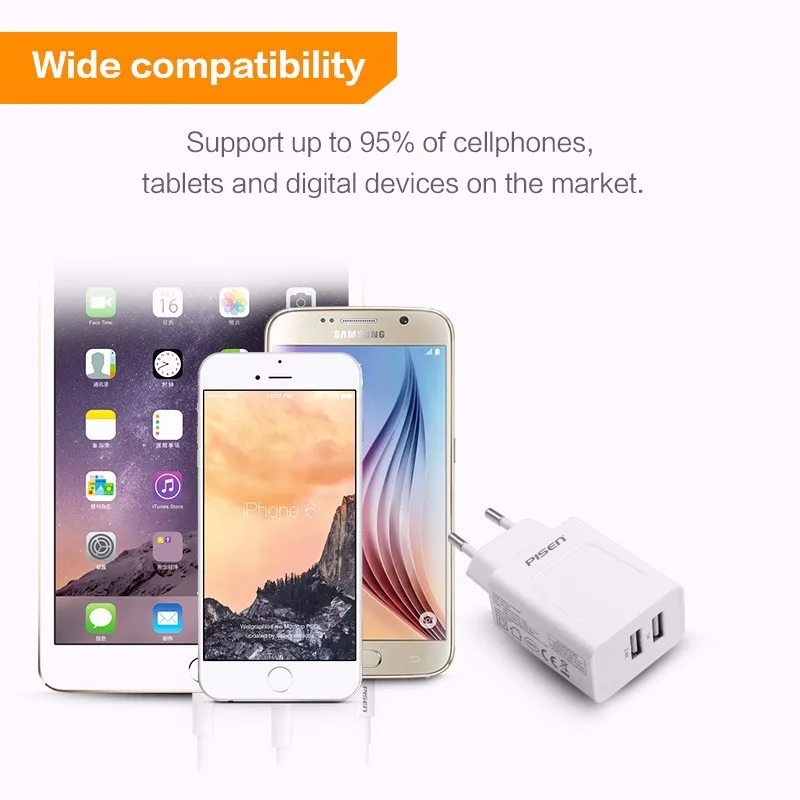 PISEN Dual USB Быстрое Зарядное Устройство Мощность 5 В 2.4A Путешествия Удобный ЕС подключите Белый Мини Телефон Сетевой Адаптер для iPhone 6 Samsung Tablet