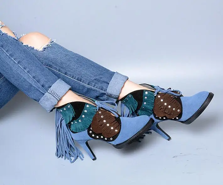 Ботильоны женские замшевые с бахромой модные классические ботинки на высоком