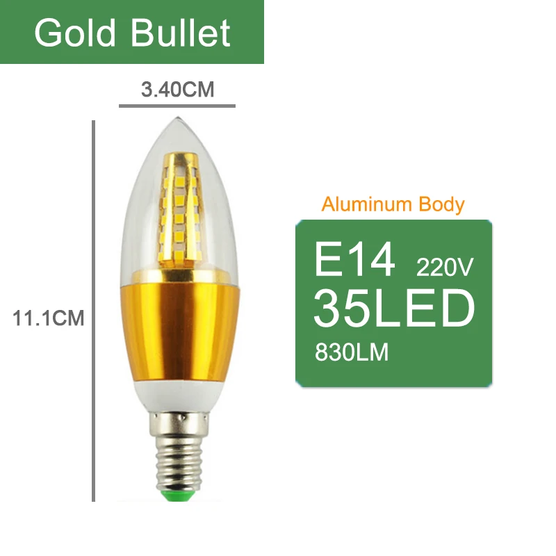 Gold Bullet 35Leds Kaguyahime LED E14 свечки Алюминий Лампа AC 220V 5W 7W 9W 12W 240V SMD2835 энергии энергосберегающие лампы Освещение в помещении лампы украш - Испускаемый цвет: Gold Bullet 35Leds