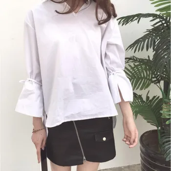 V Neck Office Lady Blouse Tops Women Turn-Down Collar Long Sleeve Bow Flare Sleeve White Shirts Autumn Ladies Workwear 1