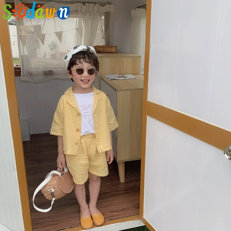 Sodawn/модные комплекты одежды из хлопка и льна в Корейском стиле для мальчиков однобортная рубашка и шорты для маленьких детей комплекты из 2 предметов Одежда для мальчиков