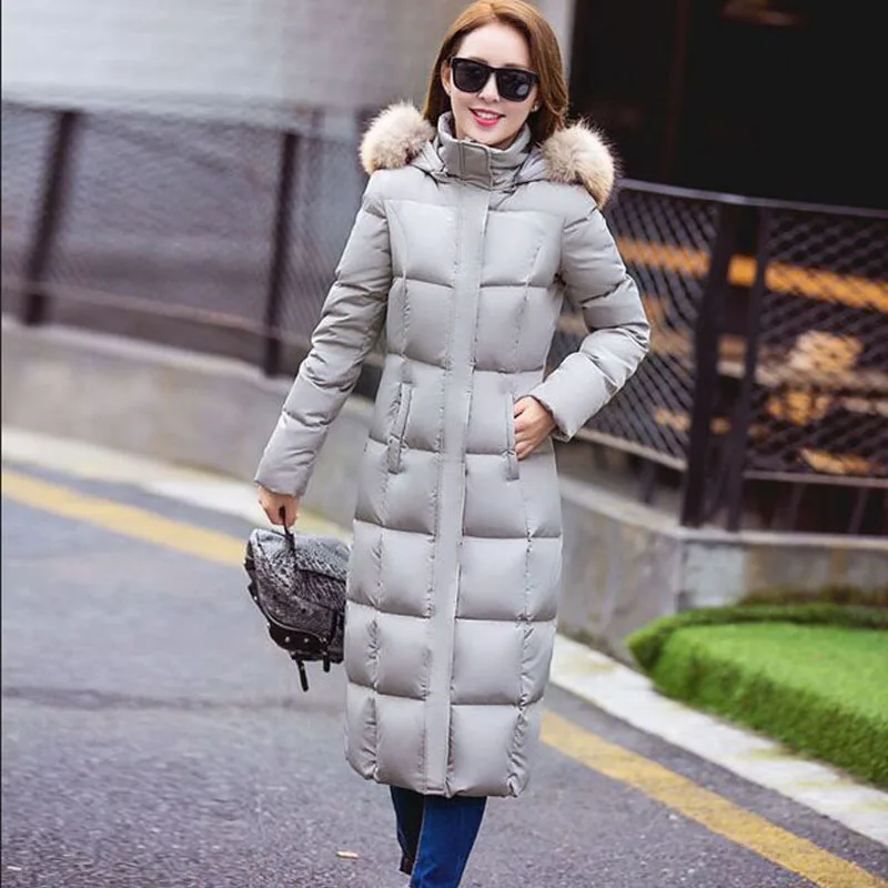 Large Real Natural Raccoon Fur 2018 White Duck Down Jacket Thick Warm X-Long Parka Winter Women Female | Женская одежда