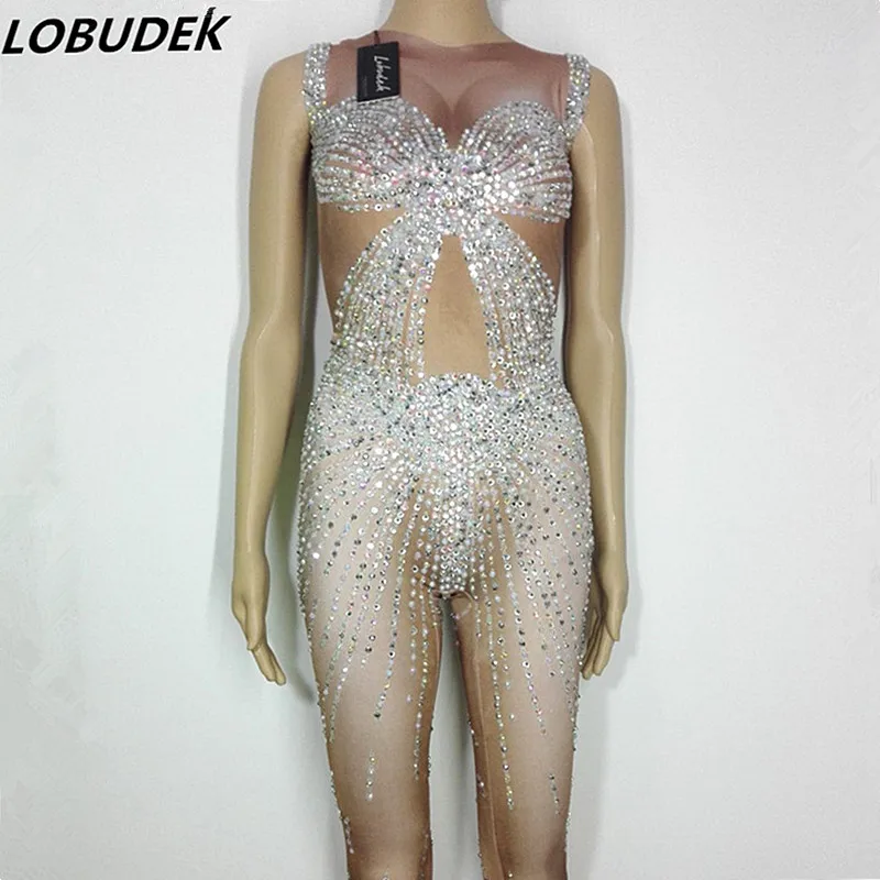 Sparkly Rhinestones Elastic Nude Color Jumpsuit Female Singer Nightclub Stage Outfit Party Birthday Celebration Dance Costume