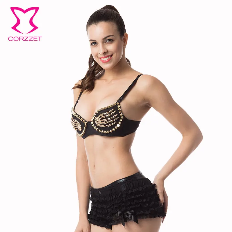 Gothic Gold Skeleton Hands Spike Bra Push Up Brassiere Underwear Women Punk Clubwear Rivet Studded Bras Bralette Sexy Lingerie | Женская