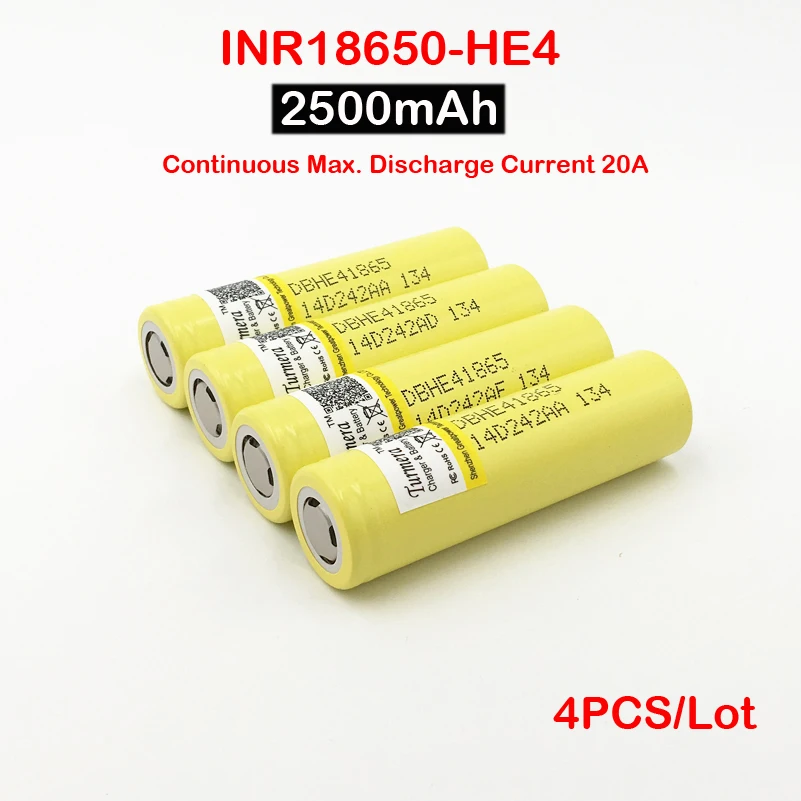 18650 аккумулятор INR18650 HE4 литий ионный 4pcs18650 ICR18650HE4 20A разрядный 2500 мАч для Turmera oct11|18650