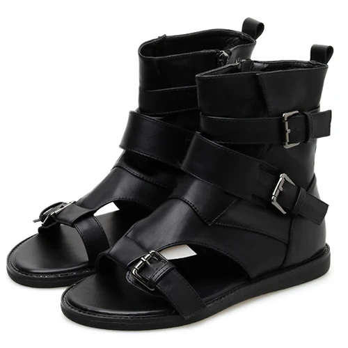 black shoes Gdgydh/пикантные женские сандалии-гладиаторы в винтажном стиле с пряжкой Женская пляжная обувь кожаные черные однотонные туфли на плоской подошве с открытым носком и ремешком на лодыжке - Цвет: black shoes