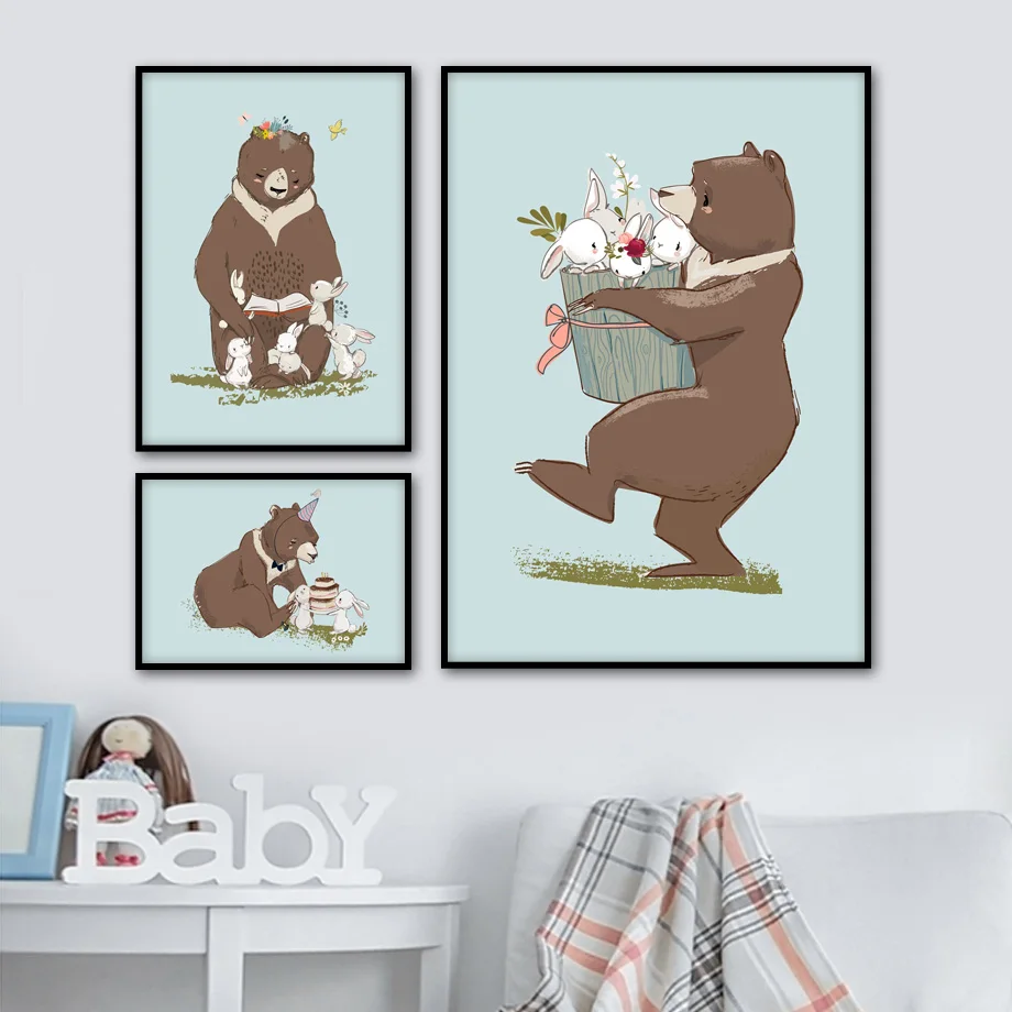 

Cartoon Bunny Bear Birthday Nordic Posters And Prints Wall Art Canvas Painting Animal Baby Girl Wall Pictures For Bedroom Decor