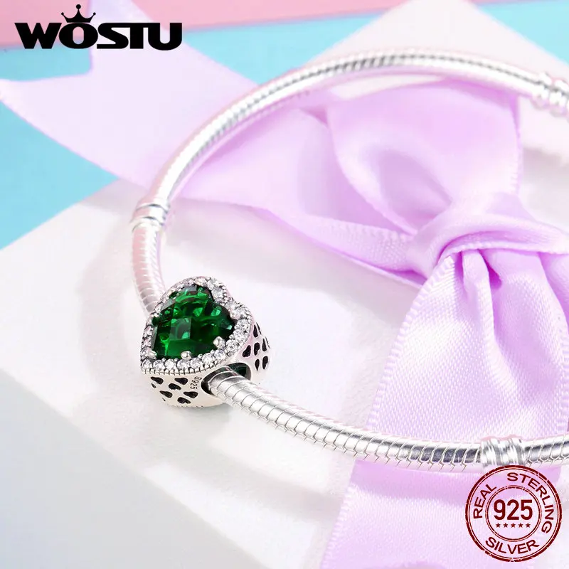 WOSTU 100% 925 пробы серебро Ослепительная Лучистая зеленая в форме сердца Шарм Бусины