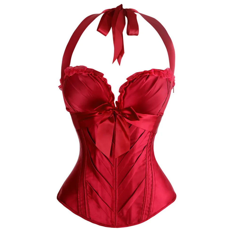 Sexy Cup Cprset Halter Lace up Satin Overbust Corset Bustier Waist Cincher Body Shaper Corsets and bustiers Espartilho - купить по