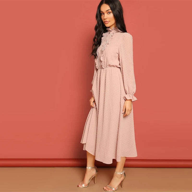 SHEIN Frill and Lace Trim Half Placket Dot Jacquard Long Dress Stand Collar Midi Dress Women Long Sleeve A Line Elegant Dress