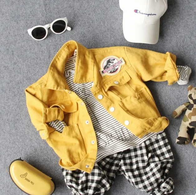 only yellow jacket Новинка года, Весенняя модная Стильная джинсовая куртка в стиле пэчворк с надписями для мальчиков повседневная куртка для мальчиков 1 шт. красивая детская куртка пальто для мальчиков - Цвет: only yellow jacket