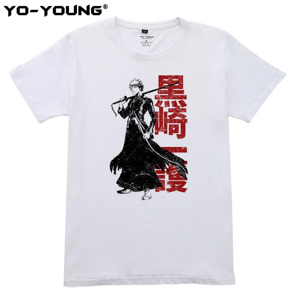 Yo-Young Men футболки Аниме BLEACH Kurosaki Ichigo принт 100% 180 gsm чесаный хлопок повседневные