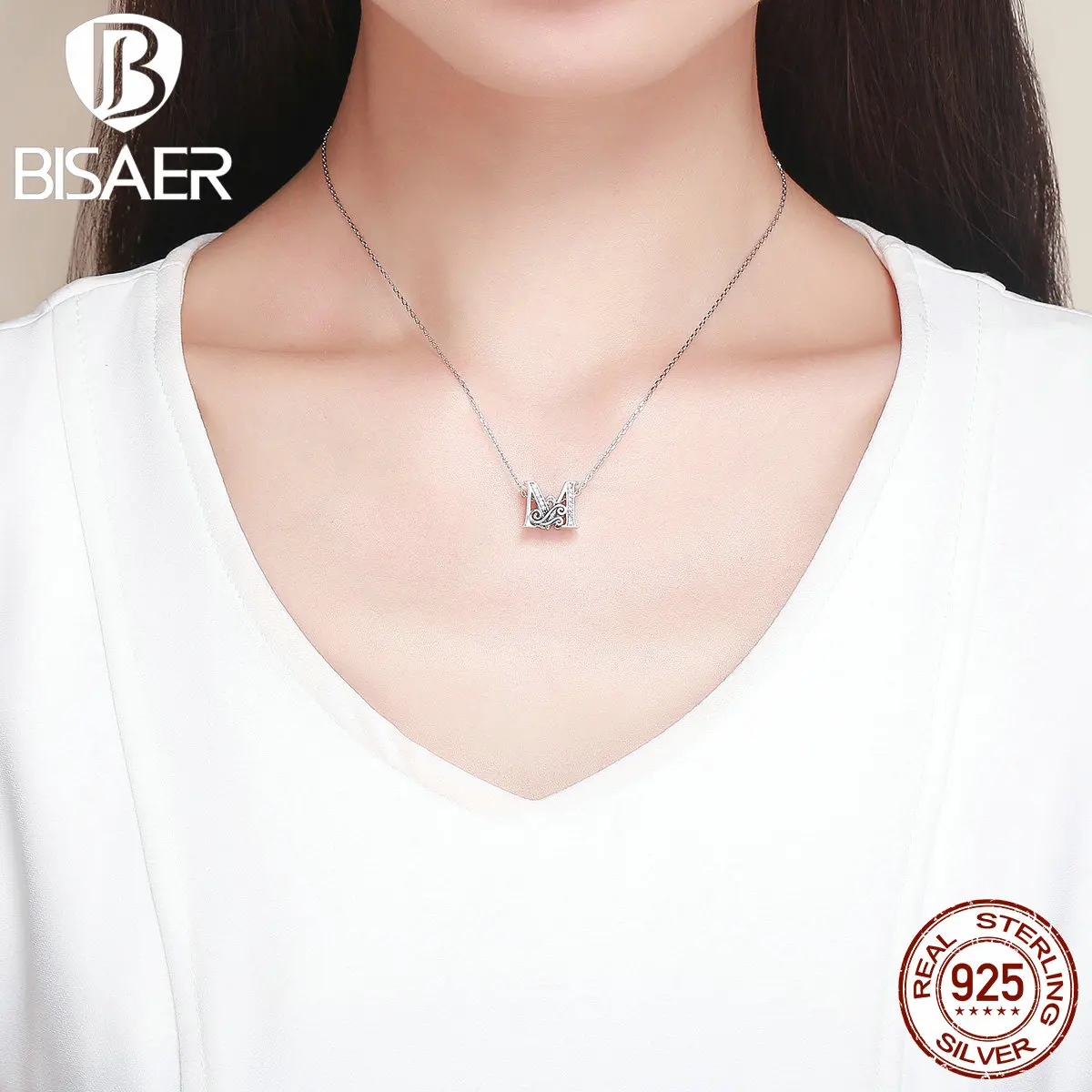 BISAER, распродажа, 925 пробы, серебряные буквы, алфавит М, бусины, амулеты, подходят для шарма, браслеты, серебро 925, ювелирные изделия, изготовление EFC030-M