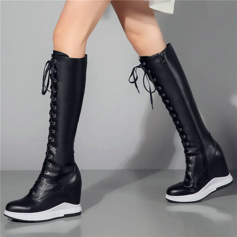 Thigh High Boots Women Genuine Leather Lace Up Knee High Booties Wedges High Heel Tall Shaft Punk Sneakers Winter Punk Creepers