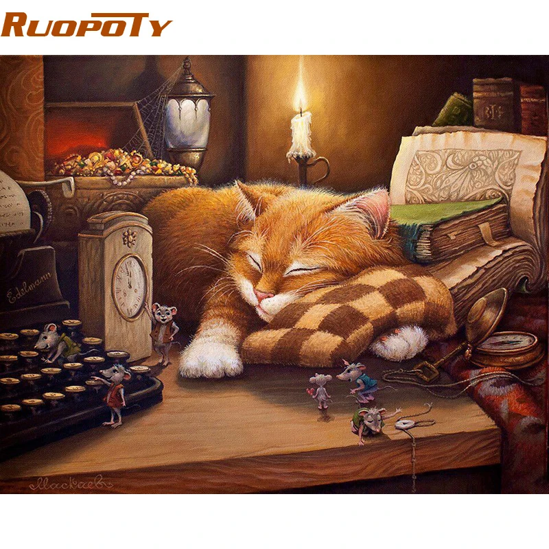 RUOPOTY рамка для сна кошка Сделай Сам Рисование по номерам животные Ручная роспись