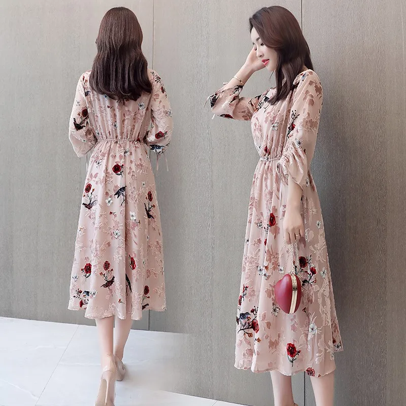 Платье женское с цветочным принтом весеннее/летнее шифоновое платье о вырезом и