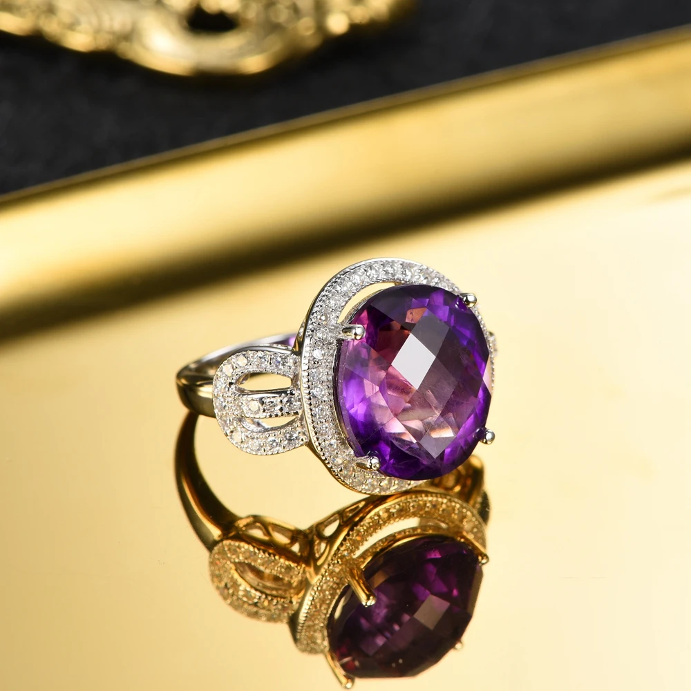 L& Цзуань шахматная доска для резки 7.69ct кольцо с натуральным аметистом для женщины в 925 пробы серебро AAA+ Цирконий проложили кольцо с фиолетовым камнем
